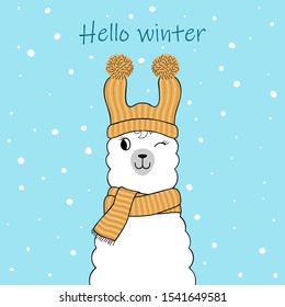 Hello Winter. Cute Cartoon Llama Wearing Knitted Hat And Scarf. Hand Drawn Illustration