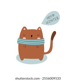 Hello Winter. Cute cat in a striped scarf in winter. A little brown kitten hides its nose in a scarf. Vector hand Drawn illustration on a white background