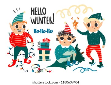 Hello winter. Cute christmas elves. Hand drawn vector set. All elements are isolated