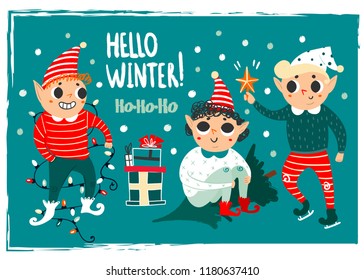 Hello winter. Cute christmas elves. Hand drawn vector set. Green background. All elements are isolated