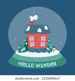 Hola invierno. Lindas Navidades y casa de invierno. Bola de cristal con una casa decorada en el fondo de nieve que cae, abetos y un muñeco de nieve. Ilustración vectorial en un estilo plano.