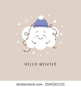 Hello winter. Cute cloud character in hat with garland and snowflakes. Minimalistic postcard, greeting card. Flat vector illustration