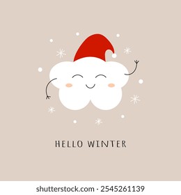 Hello winter. Cute cloud character in Christmas hat with snowflakes. Minimalistic postcard, greeting card. Flat vector illustration