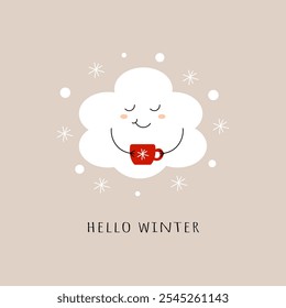 Hello winter. Cute cloud character with coffee cup and snowflakes. Minimalistic postcard, greeting card. Flat vector illustration