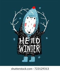 Hello Winter Cute Funny Sheep in Hat Design. Quirky sheep with tree branch seasonal greeting card on dark. Vector illustration.