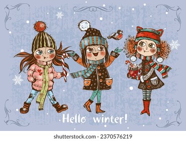 Hola invierno. Chicas guapas en invierno. Vector.