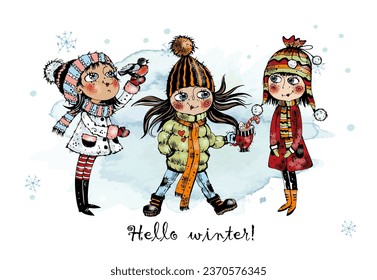 Hola invierno. Chicas guapas en invierno. Vector.