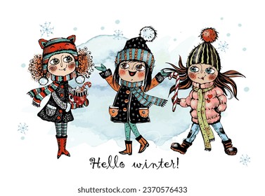 Hallo Winter. Süße Mädchen im Winter. Vektorgrafik.