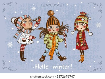 Hello winter. Cute girls in winter. Vector.