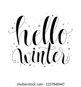 Hello Winter. Cute hand drawn Doodle card design lettering. Can be used for poster design, decoration, wallpaper, card design.