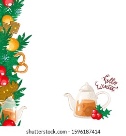 "Hello winter" cute holiday handwritten calligraphy with holiday ornament and teapot. Vector illustration. Hand drawn style