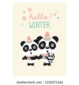 Hello winter with cute panda family. Vector illustration.