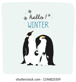 Hello winter with cute penguin cartoon illustration.