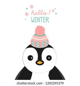 Hello winter with cute penguins. Vector illustration.