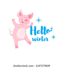 Hello winter cute piggy card with snowflake. Happy New Year funny cartoon hand drawn symbol of the year character with lettering. Vector illustration for t-shirt, fabric print design, party invitation