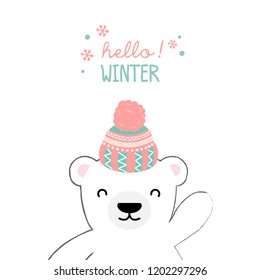 Hello winter  with cute polar bear. Vector illustration.