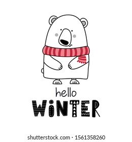 Hello Winter - Cute polar bear design, funny hand drawn doodle, cartoon teddy Vector hand drawn illustration.