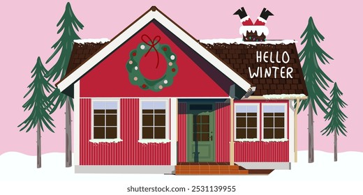 Hello winter. Cute realistic red wooden house. Decorated facade of house for Christmas, New year celebration. The banner concept of beautiful cozy home. American dream vector wood house