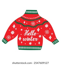 Hello winter. Cute red ugly Christmas sweater. Cartoon cute wool jumper. Isolated on white