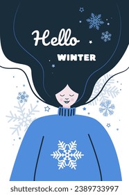 Hola invierno. Ilustración vectorial para afiche, tarjeta, invitación, cartel, folleto, volante. Plantilla de vector