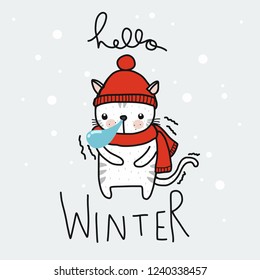 Hello winter cute white cat cartoon vector doodle illustration