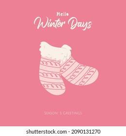 Hello winter days holiday template for card with doodle warm gossamer pink winter socks with waves and lines on pink background. Season`s greetings.