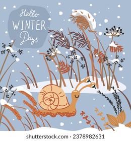Hello Winter Days poster with cartoon snail and hand lettering.Landscape with snow-covered meadow grass and falling snow.Nature background  with funny animal character.Vector seasonal illustration.