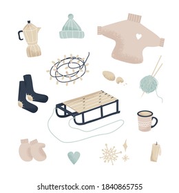 Hello winter. Delicate minimalistic set of elements for winter decor. Sweater, socks, garland, hat, mittens, sled, candle, coffee pot, mug and snowflakes. Winter vector illustration in cartoon style.