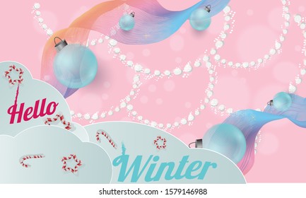 Hello Winter design background  with Christmas balls toys. vector illustration.