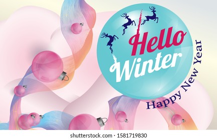 Hello Winter design background  with Christmas balls toys. Vector illustration.
