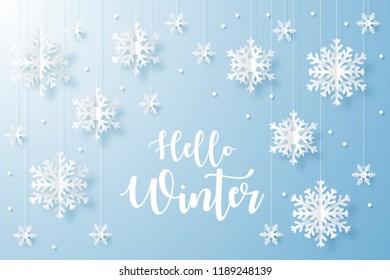Hello Winter design background. Origami snowfall. Vector Illustration.