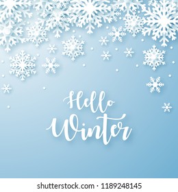 Hello Winter design background. Origami snowfall. Vector Illustration.