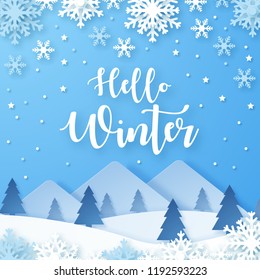 Hello Winter design background. Origami snowfall. Vector Illustration.