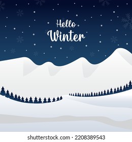 Hello winter design vector with winter snow landscape background