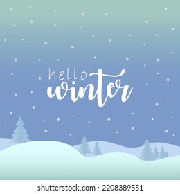 Hello winter design vector with winter snow landscape background
