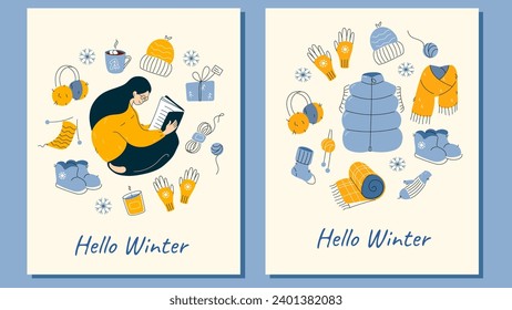 Hello winter doodle cards set. Cozy poster postcard design with woman reading a book and different warm clothes. Modern hand drawn style flat vector illustration.