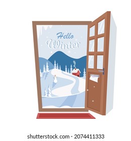 Hello winter. Door to a winter landscape. Flat cartoon style vector illustration.