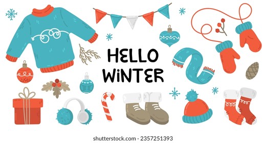 Hello winter element set with warm clothes, decoration and present. Vector illustration.