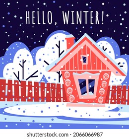 Hello winter. Flat design vector illustration. Poster with countryside scene. Country house in snowy winter season. Flat cartoon style in pink and blue colors. Landscape with white tree, pink house.
