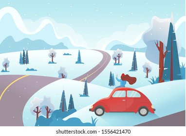 Hello winter flat vector background with hills, forest and falling snow. Young girl, dressed for winter, admires nature and the top view of the road. Car trip concept, travel holidays.
