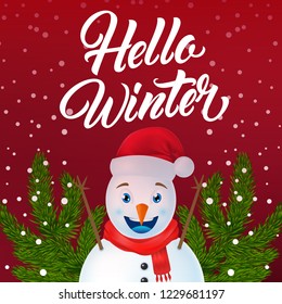 Hello winter flyer design. Joyful snowman, fir tree branches and snowfall on red background. Illustration can be used for banners, posters, greeting cards
