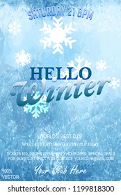 Hello winter flyer invitation template. Brush lettering at blue winter background with snowflakes and bokeh lights. Vector card design with custom calligraphy. Vector EPS 10