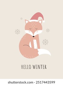 Hello winter. A fox in a Christmas hat. Scandinavian style. Vector illustration