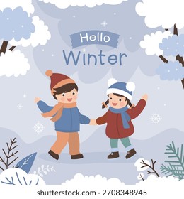 Hola invierno, parque congelado, paisaje del bosque, tarjeta de felicitación. Niños con ropa de abrigo. Niños felices, amigos. Celebración y feriados de diciembre. Anuncio Plantilla. Ilustración vectorial plana