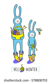Hello winter. Funny hand drawn animal characters for kids. Two cute bunny rabbits and little flying bird in wool socks with basket of yarn balls on blue background. Winter season greeting card.