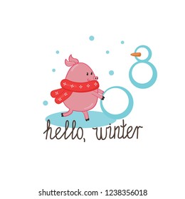 Hello Winter gift card with pig making snowballs