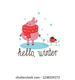 Hello Winter gift card with pig