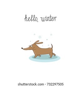 Hello Winter gift card with a small dachshund puppy ice skating on a frozen pool among falling snowflakes. Single composition on a white background, with lettering. Vector illustration.