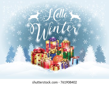 Hello Winter Gifts Christmas 2021 New Year Holiday greeting card, celebrate, beautiful colorful gift boxes with satin ribbon, presents, snowy forest fir tree reindeer, bokeh lights snowfall background