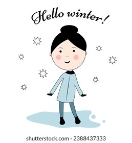Hello winter. A girl in a blue coat.